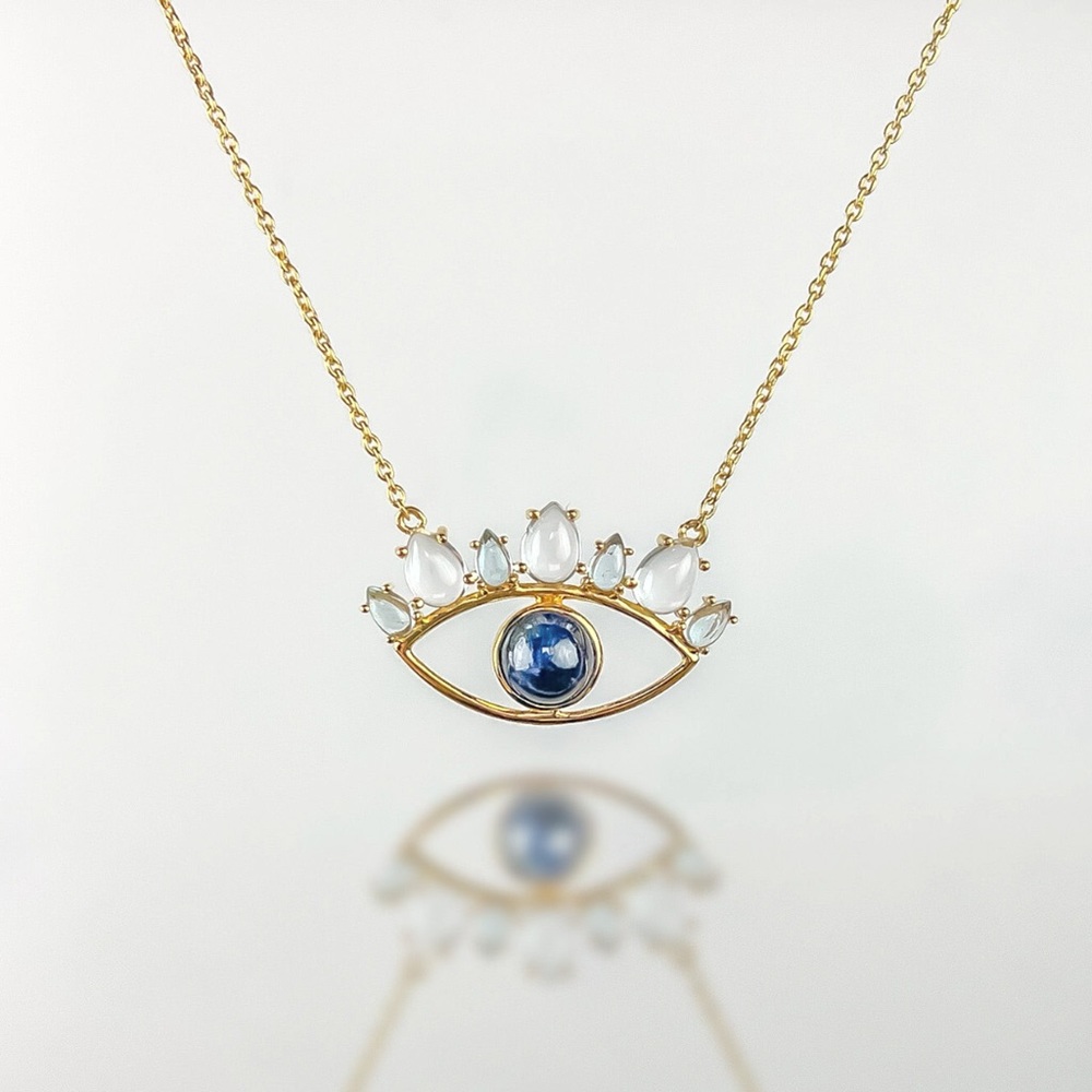 Blue Sapphire, Clear Quartz, Blue Topaz 14k Gold Vermeil Evil Eye Necklace
